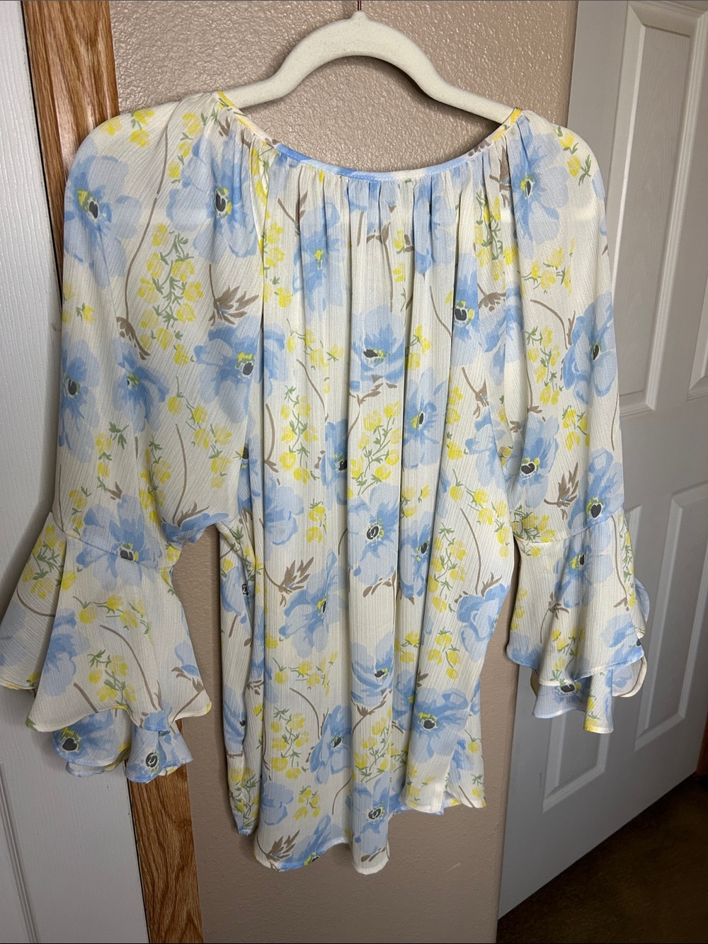 Chaps White Blouse with Blue & Yellow Floral Pattern Ruffle Bell Sleeves - Picture 3 of 5